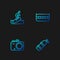 Set line Aqualung, Photo camera, Surfboard and Swimming pool. Gradient color icons. Vector