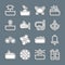 Set line Aqualung, Ship bell, Anchor, Crab, Submarine, Periscope, Sun and Diving mask and snorkel icon. Vector