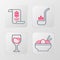 Set line Asian noodles in bowl, Wine glass, Kitchen ladle and Paper or financial check icon. Vector