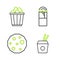 Set line Asian noodles and chopsticks, Cookie or biscuit, Doner kebab and Popcorn in box icon. Vector