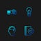 Set line Audio book, Human brain, Movie, film, media projector and Light bulb with idea. Gradient color icons. Vector