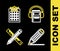 Set line Audio book, Pencil and line, Crossed ruler pencil and Hotel building icon. Vector