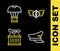 Set line Aviation emblem, Pilot hat, Plane and Box flying parachute icon. Vector