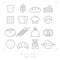 Set of line bakery icons. Bread slice, wheat, bun, cake with cherry, biscuit, chef heat, donut, baguette, flour sack,