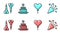 Set line Balloon in form of heart, Dart arrow, Cake with burning candles and Festive confetti icon. Vector