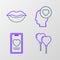 Set line Balloons in form of heart, Online dating app and chat, Head with and Smiling lips icon. Vector