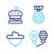 Set line Balloons, Western cowboy hat, Medal with star and Burger icon. Vector