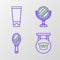 Set line Barbershop, Hand mirror, Round makeup and Cream lotion cosmetic tube icon. Vector