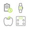 Set line Bathroom scales, Apple, Smart watch and Sport training program icon. Vector