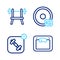 Set line Bathroom scales, Fitness app, Weight plate and Bench with barbell icon. Vector