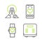 Set line Bathroom scales, Smart watch, Mobile with heart rate and Meditation icon. Vector