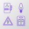 Set line Battery in pack, High voltage sign, Light bulb and Electrical panel icon. Vector