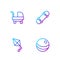 Set line Beach ball, Kite, Baby stroller and Skateboard. Gradient color icons. Vector