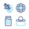 Set line Beekeeper with protect hat, Jar of honey, Flower and Hive for bees icon. Vector