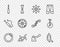 Set line Bicycle brake disc, fork, sprocket crank, frame, Screwdriver, wheel, and Unicycle one bicycle icon. Vector