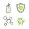 Set line Biohazard symbol, Molecule, on shield and Laboratory wash bottle icon. Vector