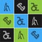 Set line Blind human holding stick, Wheelchair and Eyeglasses icon. Vector