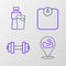 Set line Bodybuilder muscle, Dumbbell, Bathroom scales and Bottle of water with glass icon. Vector