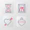 Set line Bottle with love potion, Amour heart and arrow, Picture frame and Heart in the center hourglass icon. Vector