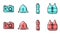 Set line Bottle of water, Photo camera, Tourist tent and Life jacket icon. Vector