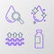 Set line Bottle of water, Waves and evaporation, Water drop and Drop magnifying glass icon. Vector