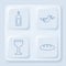 Set line Bottle of wine, Peace dove with olive branch, Wine glass and Bread loaf. White square button. Vector