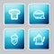 Set line Bread toast, Flour bowl, Acorn, oak nut, seed and Watering can icon. Vector