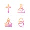 Set line Broken egg, Church building, Christian cross and Priest. Gradient color icons. Vector