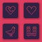 Set line Broken heart or divorce, Dove, Heart and Home stereo with two speakers. Blue square button. Vector