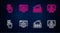 Set line Browser with shield, House password, Fingerprint and Monitor exclamation mark. Glowing neon icon on brick wall