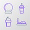 Set line Bumper car, Ice cream in waffle cone, Paper glass with drinking straw and water and Magic ball icon. Vector