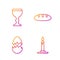 Set line Burning candle in candlestick, Broken egg, Wine glass and Bread loaf. Gradient color icons. Vector