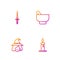 Set line Burning candle in candlestick, Witch, Dagger and Magic mortar pestle. Gradient color icons. Vector