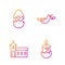 Set line Burning candle, Church building, Broken egg and Peace dove with olive branch. Gradient color icons. Vector