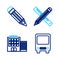 Set line Bus, Hotel building, Crossed ruler and pencil and Pencil icon. Vector