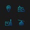 Set line Cable car, Shovel in snowdrift, Location with mountain and Mountain descent. Gradient color icons. Vector