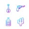 Set line Cactus, Whiskey bottle, Banjo and Revolver gun. Gradient color icons. Vector