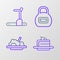Set line Cake, Healthy food, Kettlebell and Treadmill machine icon. Vector