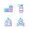 Set line Campfire, Fire in burning buildings, Building of fire station and Fire extinguisher. Gradient color icons