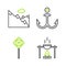 Set line Campfire and pot, Parking, Anchor and Mountains icon. Vector