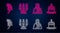 Set line Candelabrum with candlesticks, Jesus Christ, Willow leaf and Easter cake and candle. Glowing neon icon on brick