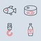 Set line Canned fish, Spring scale, Bottle of vodka and Fish icon. Vector