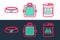 Set line Canned food for cat, Pet bowl and carry case icon. Vector