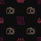 Set line Canoe rowing team sports, Photo camera and Flippers for swimming on seamless pattern. Vector