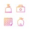 Set line Canteen water bottle, Calendar, Camping gas stove and First aid kit. Gradient color icons. Vector