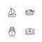 Set line Captain hat, Yacht sailboat, and Speedboat icon. Vector