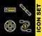 Set line Car chain, battery jumper power cable, Alloy wheel and Audio icon. Vector