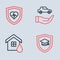 Set line Car insurance, House flood, Graduation cap with shield and Life icon. Vector