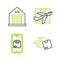 Set line Carton cardboard box, Mobile app delivery tracking, Plane and and Warehouse icon. Vector