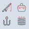 Set line Case or box for fishing equipment, Fishing hook, net pattern and rod icon. Vector